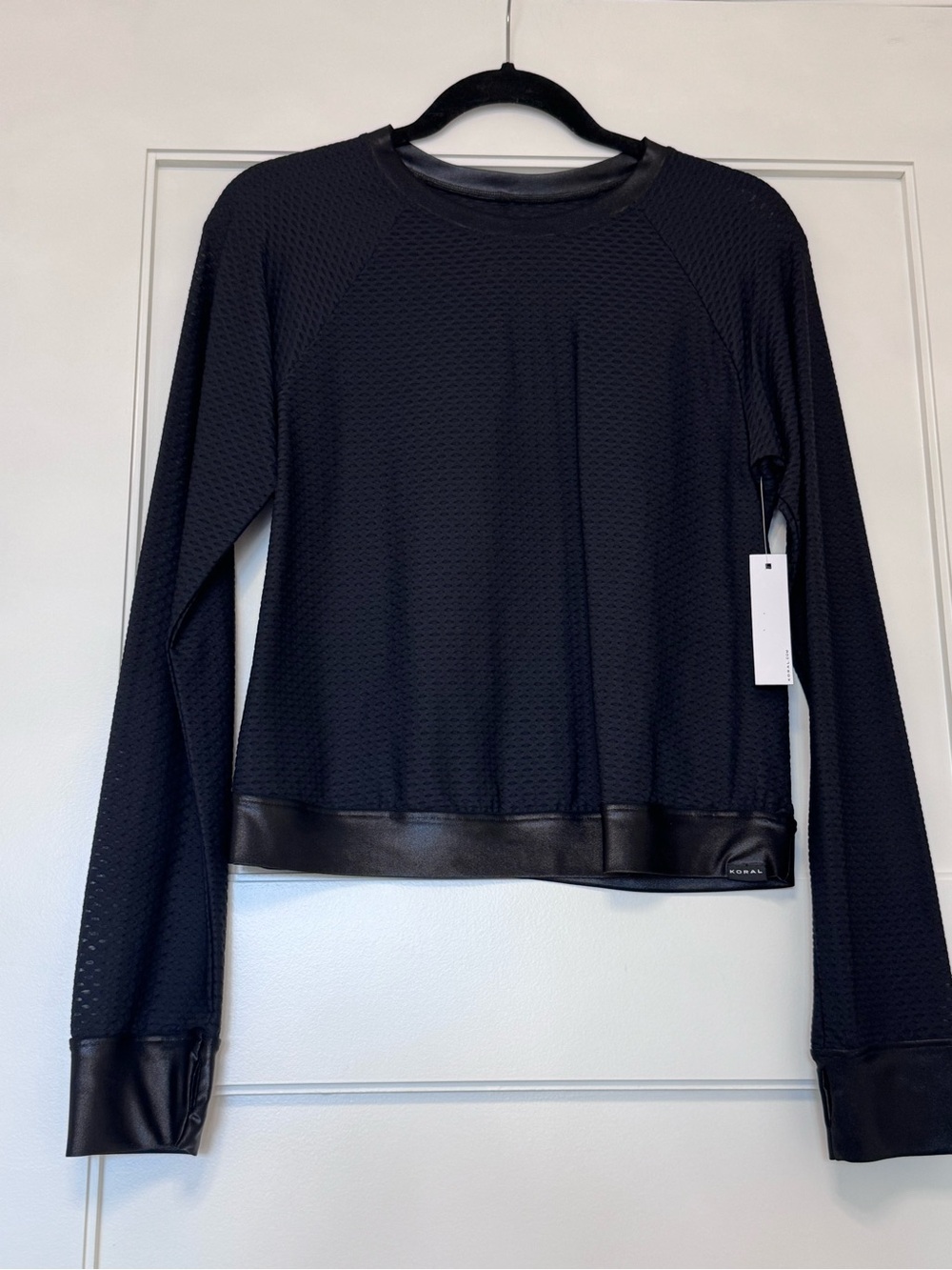 Koral Black Long-Sleeve Mesh Sweatshirt with Faux Leather Trim